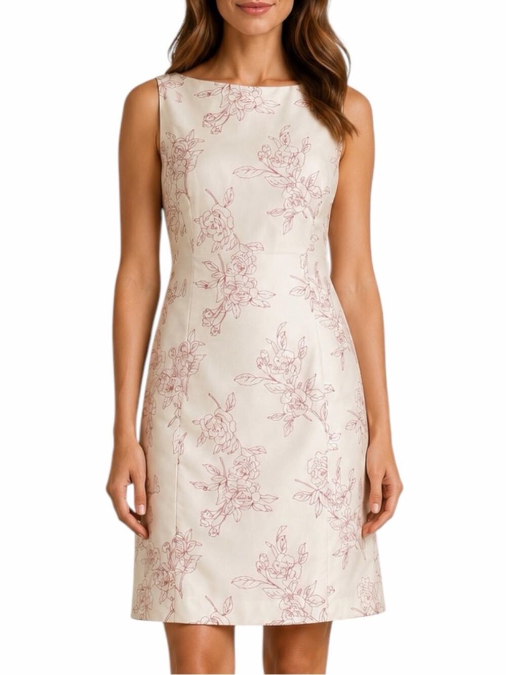 Ann Taylor Sheath Dress Size 8 Cotton Silk Rose Floral Ivory Pink Lined Y2K
